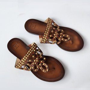 Frye Rachel Studded Cutout Leather Thong Sandal, Brown, Sz 8.5